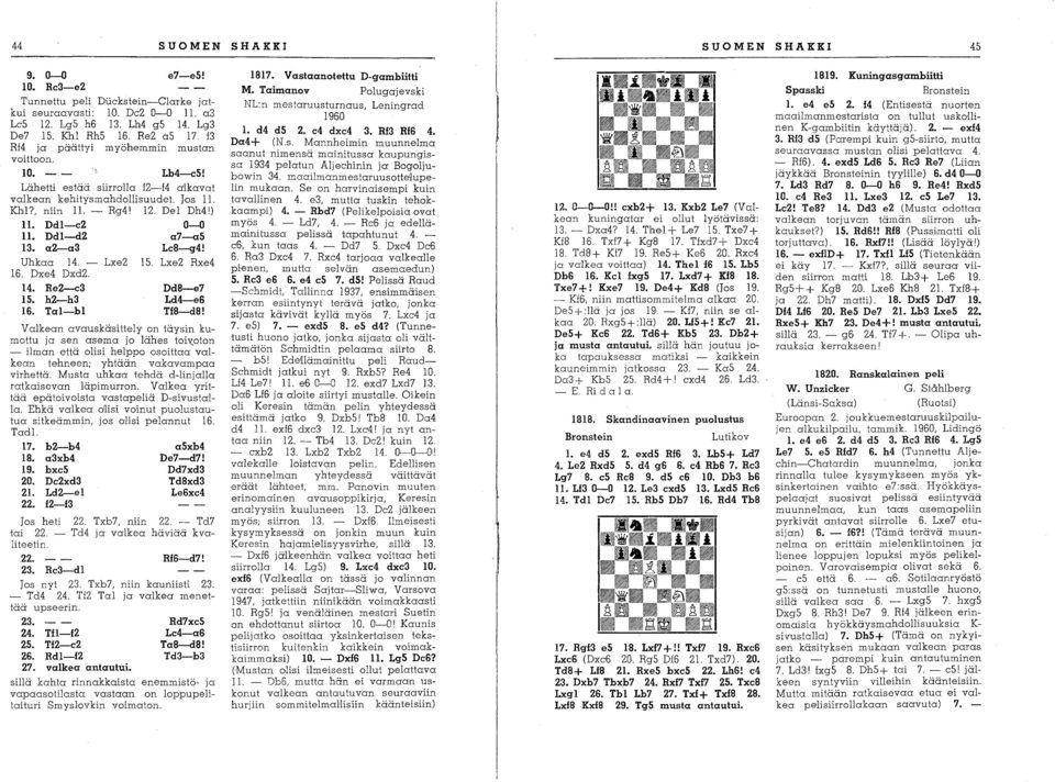 Ddl-d2 a7-a5 13. a2-a3 Lc8-g4! Uhkaa 14. - Lxe2 IS. Lxe2 Rxe4 16. Dxe4 Dxd2. 14. Re2-c3 15. h2-h3 16. Tal-bl Dd8-e7 Ld4-e6 Tf8-d8! Valkean avauskäsittely on täysin kumottu ja sen asema jo lähes toiv:.