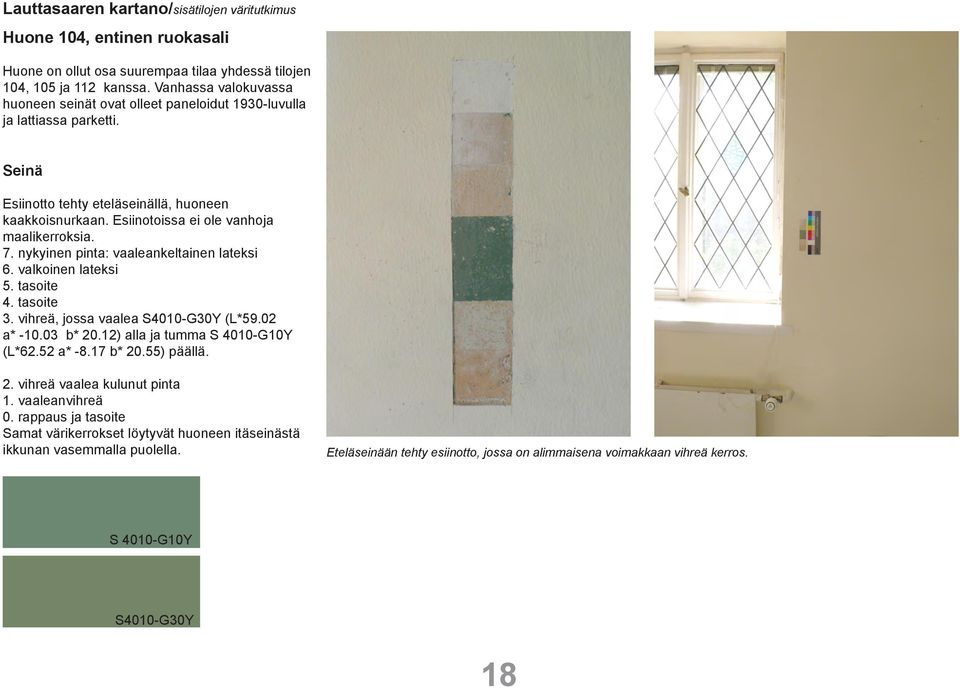 Esiinotoissa ei ole vanhoja maalikerroksia. 7. nykyinen pinta: vaaleankeltainen lateksi 6. valkoinen lateksi 5. tasoite 4. tasoite 3. vihreä, jossa vaalea S4010-G30Y (L*59.02 a* -10.03 b* 20.