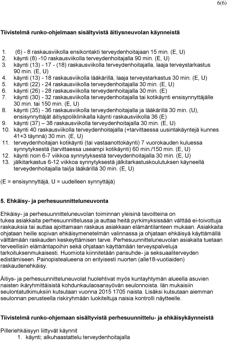 käynti (13) - 18 raskausviikolla lääkärillä, laaja terveystarkastus 30 min. (E, U) 5. käynti (22) - 24 raskausviikolla terveydenhoitajalla 30 min. (E, U) 6.