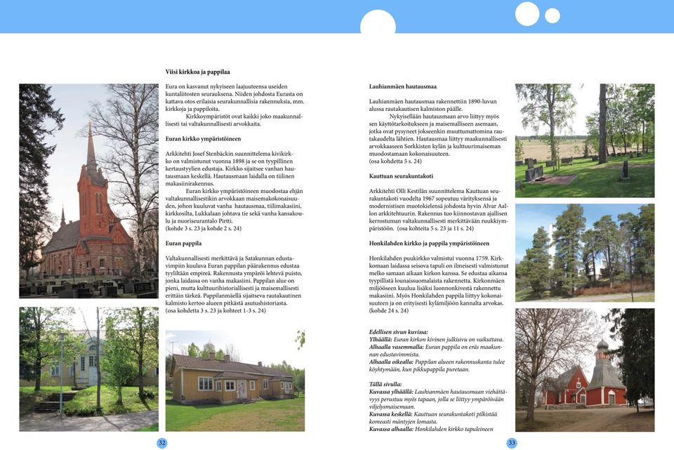 Euran kirkko ympäristöineen Arkkitehti Josef Stenbäckin suunnittelema kivikirkko on valmistunut vuonna 1898 ja se on tyypillinen kertaustyylien edustaja. Kirkko sijaitsee vanhan hautausmaan keskellä.