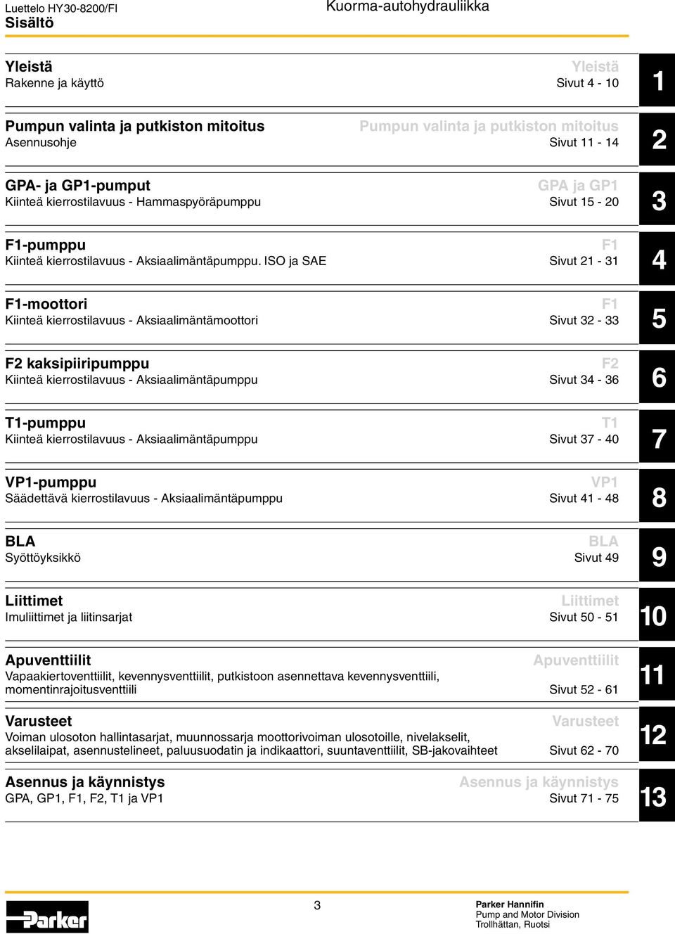 ISO ja SAE Sivut 21-31 F1-moottori F1 Kiinteä kierrostilavuus - Aksiaalimäntämoottori Sivut 32-33 F2 kaksipiiripumppu F2 Kiinteä kierrostilavuus - Aksiaalimäntäpumppu Sivut 34-36 T1-pumppu T1 Kiinteä