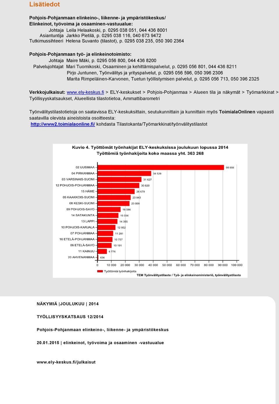 0295 038 235, 050 390 2364 Pohjois-Pohjanmaan työ- ja elinkeinotoimisto: Johtaja Maire Mäki, p. 0295 056 800, 044 436 8200 Palvelujohtajat Mari Tuomikoski, Osaaminen ja kehittämispalvelut, p.