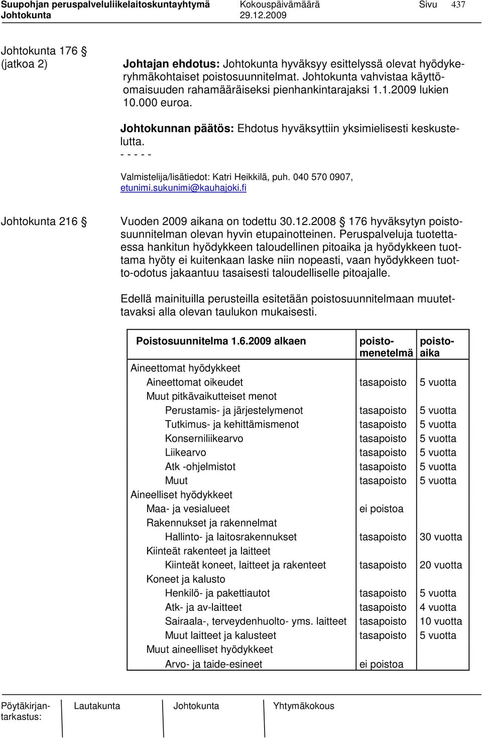 - - - - - Valmistelija/lisätiedot: Katri Heikkilä, puh. 040 570 0907, etunimi.sukunimi@kauhajoki.fi Johtokunta 216 Vuoden 2009 aikana on todettu 30.12.