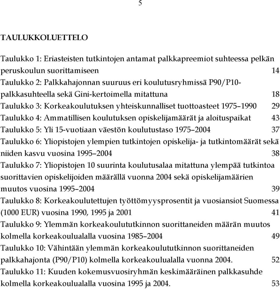 Taulukko 5: Yli 15-vuotiaan väestön koulutustaso 1975 2004 37 Taulukko 6: Yliopistojen ylempien tutkintojen opiskelija- ja tutkintomäärät sekä niiden kasvu vuosina 1995 2004 38 Taulukko 7: