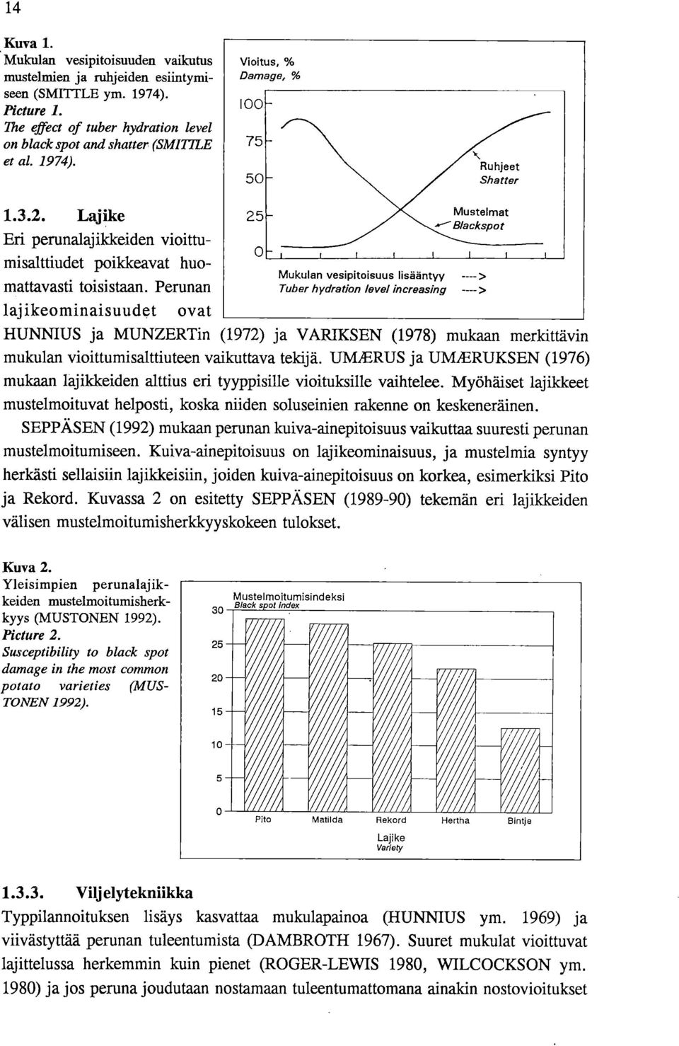 Perunan lajikeominaisuudet ovat 25 0 Mukulan vesipitoisuus lisääntyy ----> Tuber hydration level increasing ----> HUNNIUS ja MUNZERTin (1972) ja VARIKSEN (1978) mukaan merkittävin mukulan