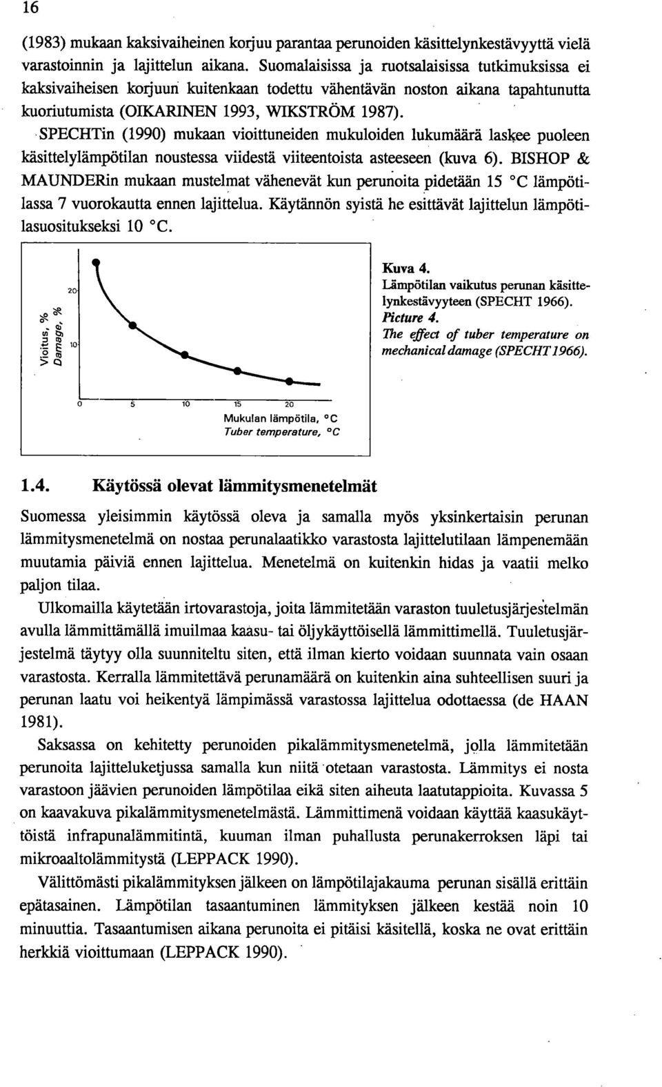 SPECHTin (1990) mukaan vioittuneiden mukuloiden lukumäärä laskee puoleen käsittelylämpötilan noustessa viidestä viiteentoista asteeseen (kuva 6).
