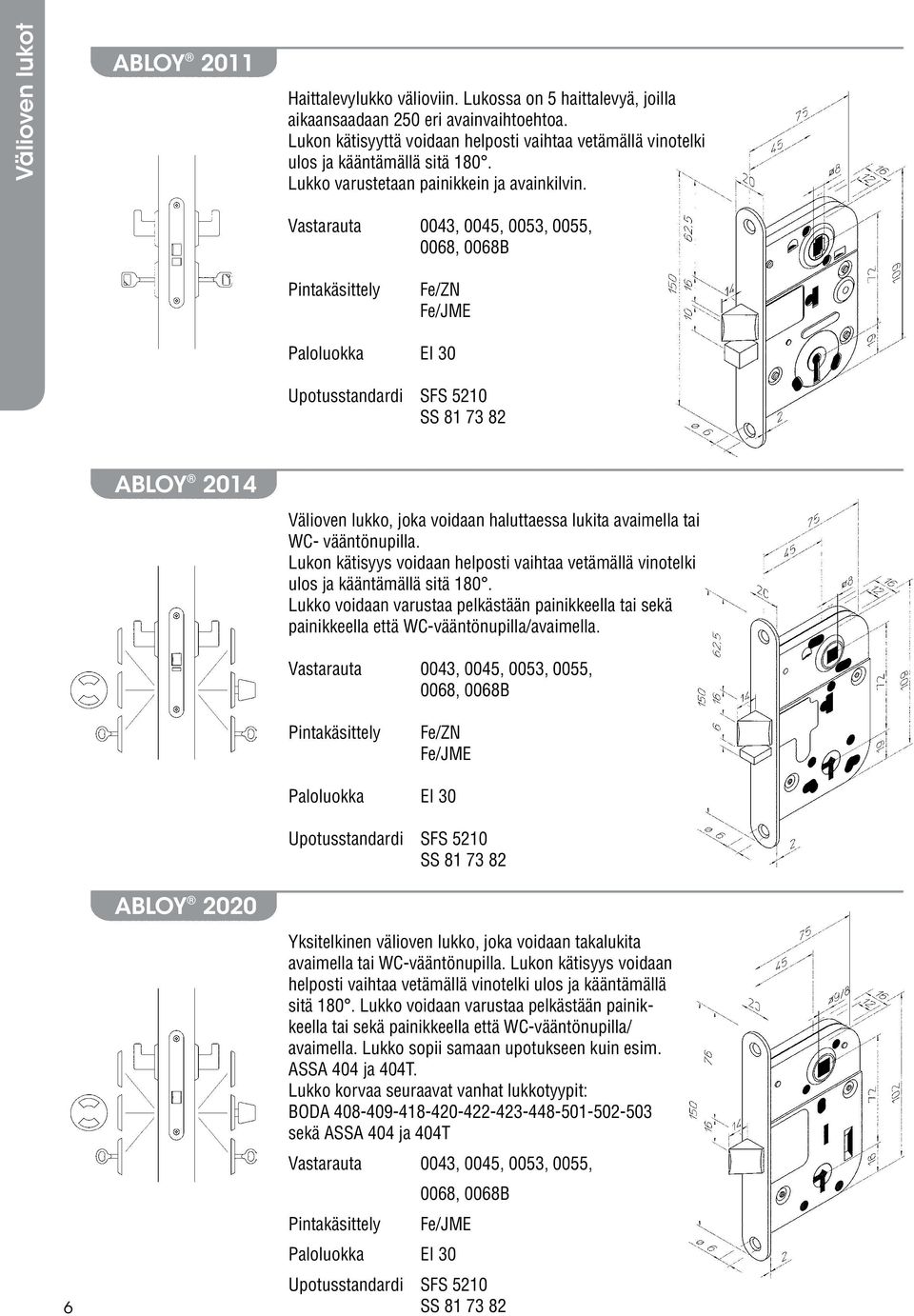 Vastarauta 0043, 0045, 0053, 0055, 0068, 0068B Pintakäsittely Fe/ZN Fe/JME Paloluokka EI 30 Upotusstandardi SFS 5210 SS 81 73 82 ABLOY 2014 Välioven lukko, joka voidaan haluttaessa lukita avaimella