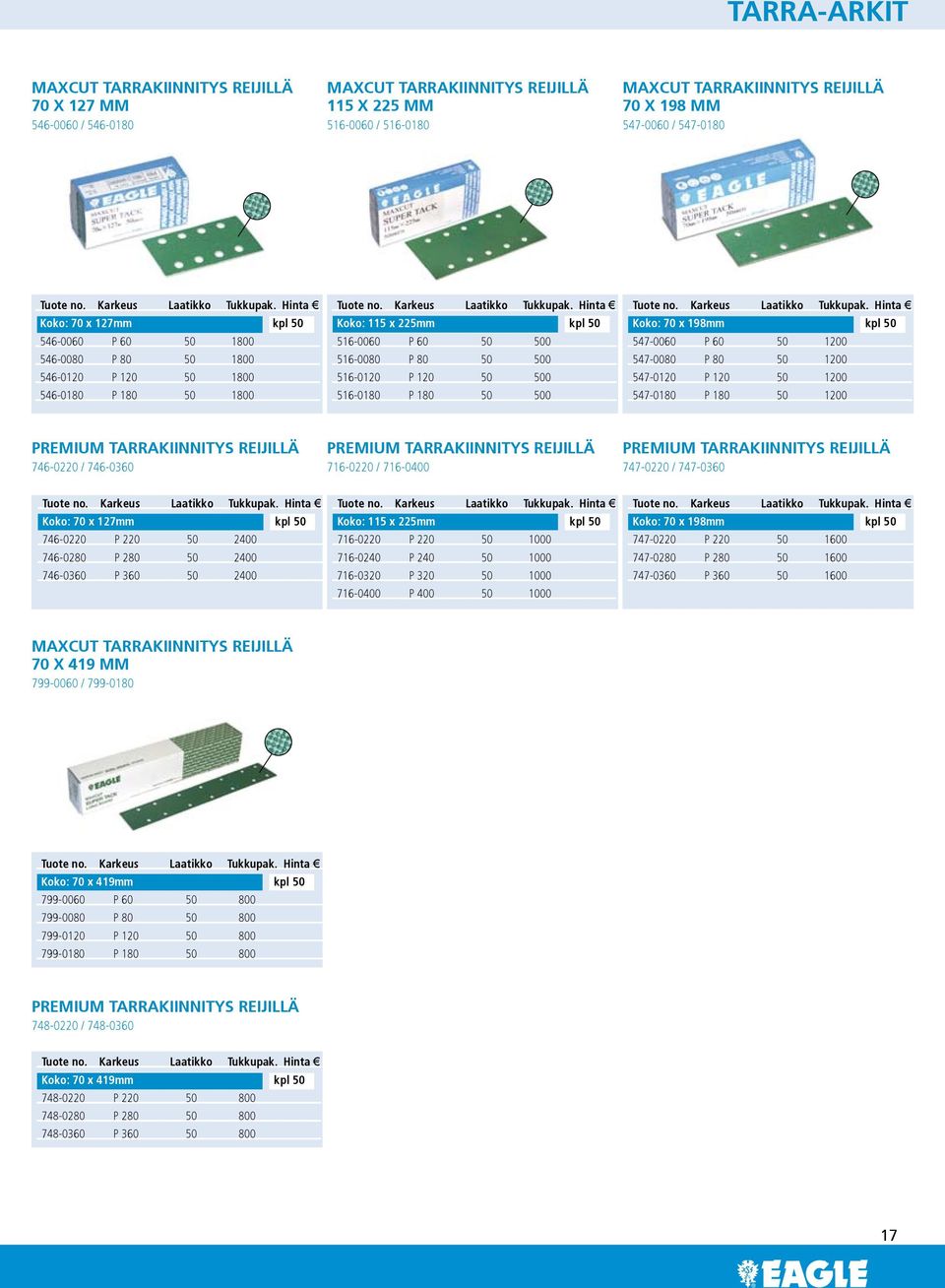 P 120 50 500 516-0180 P 180 50 500 Koko: 70 x 198mm kpl 50 547-0060 P 60 50 1200 547-0080 P 80 50 1200 547-0120 P 120 50 1200 547-0180 P 180 50 1200 PREMIUM TARRAKIINNITYS REIJILLÄ 746-0220 /