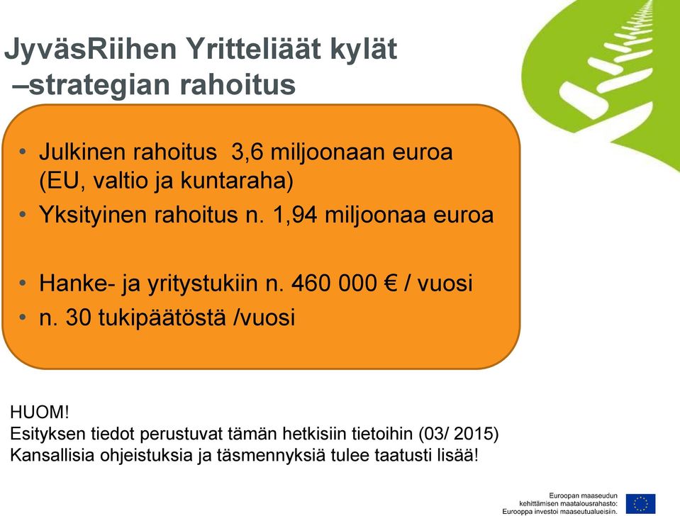 1,94 miljoonaa euroa Hanke- ja yritystukiin n. 460 000 / vuosi n.