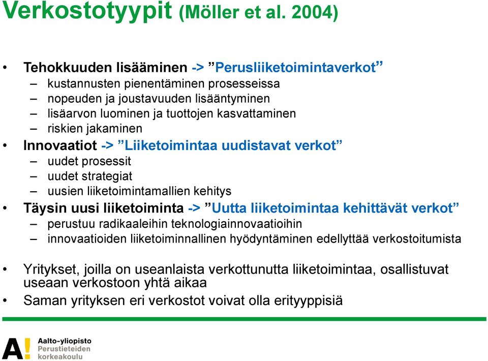 kasvattaminen riskien jakaminen Innovaatiot -> Liiketoimintaa uudistavat verkot uudet prosessit uudet strategiat uusien liiketoimintamallien kehitys Täysin uusi liiketoiminta