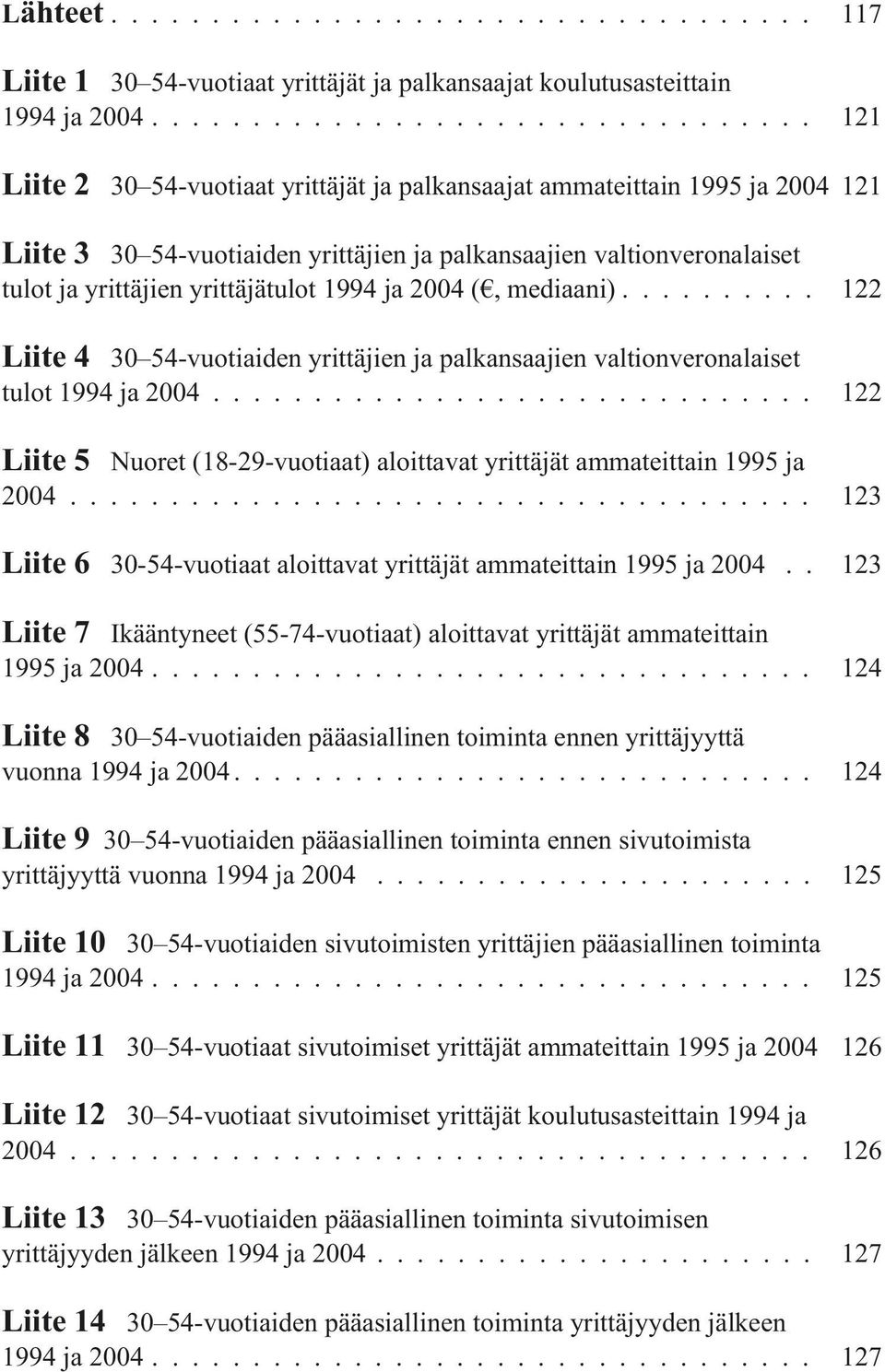 ja 2004 (, mediaani)... 122 Liite 4 30 54-vuotiaiden yrittäjien ja palkansaajien valtionveronalaiset tulot 1994 ja 2004.