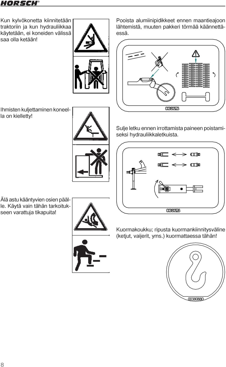 00380523 Sulje letku ennen irrottamista paineen poistamiseksi hydrauliikkaletkuista. Älä astu kääntyvien osien päälle.