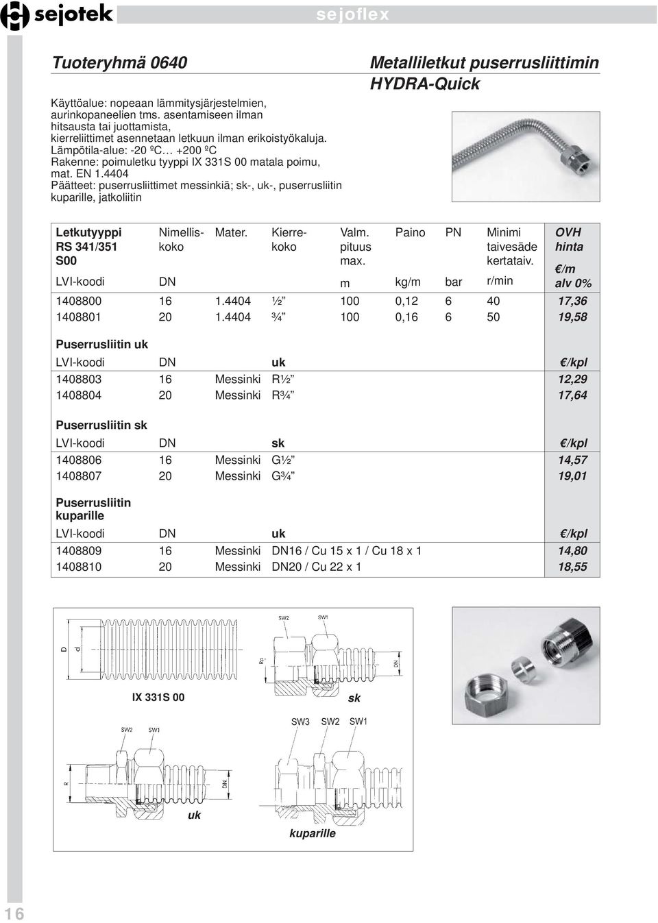 4404 Päätteet: puserrusliittimet messinkiä; sk-, uk-, puserrusliitin kuparille, jatkoliitin Metalliletkut puserrusliittimin HYDRA-Quick Letkutyyppi RS 341/351 S00 Mater. Valm. pituus max.