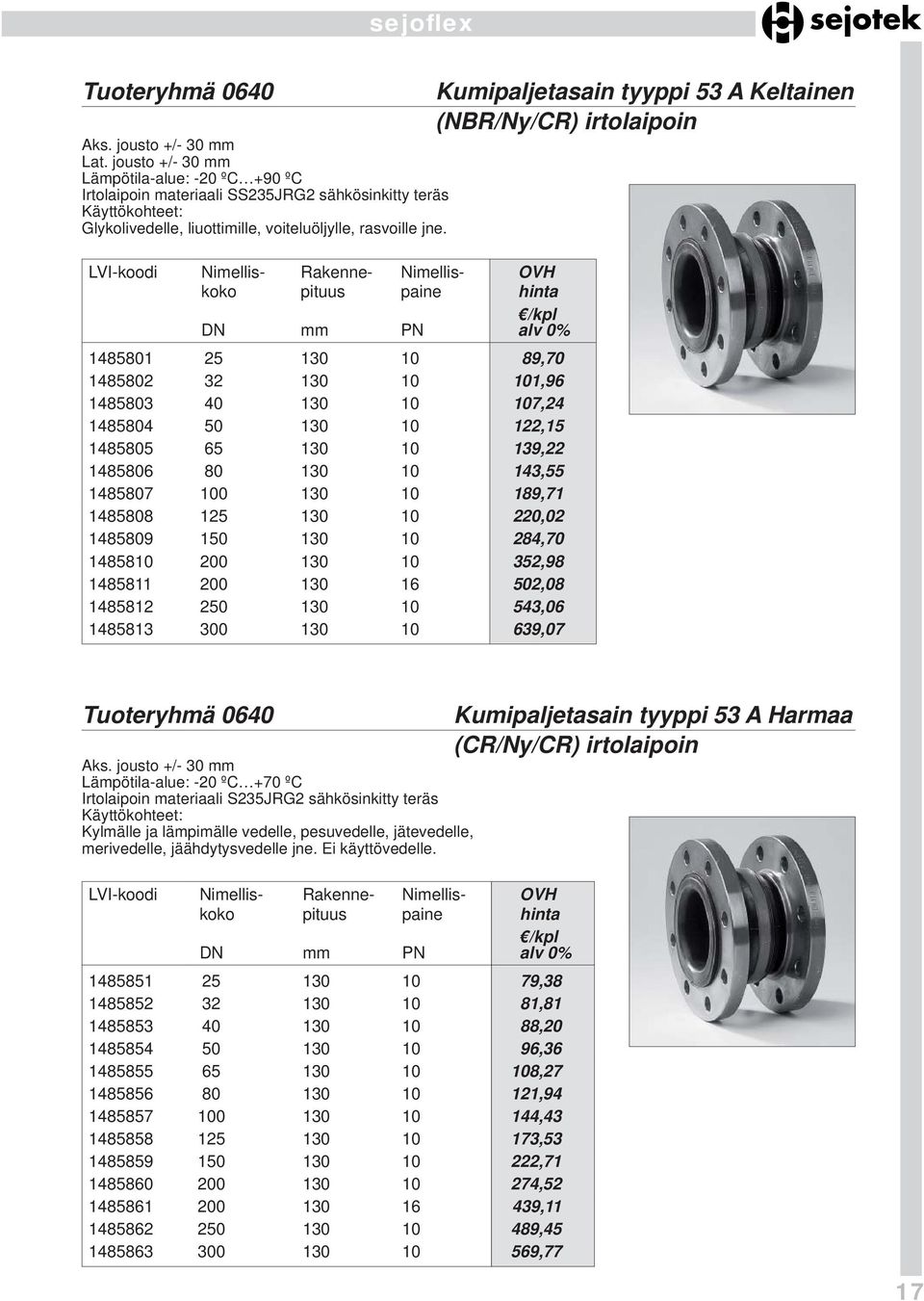 Kumipaljetasain tyyppi 53 A Keltainen (NBR/Ny/CR) irtolaipoin 1485801 25 130 10 89,70 1485802 32 130 10 101,96 1485803 40 130 10 107,24 1485804 50 130 10 122,15 1485805 65 130 10 139,22 1485806 80