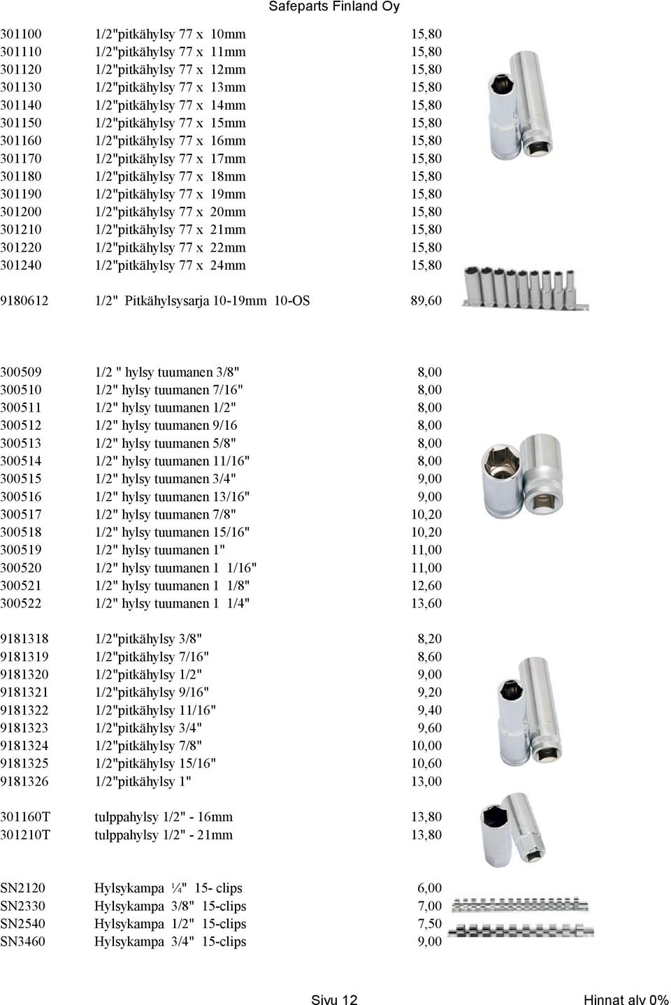 14mm 15mm 16mm 17mm 18mm 19mm 20mm 21mm 22mm 24mm 15,80 15,80 15,80 15,80 15,80 15,80 15,80 15,80 15,80 15,80 15,80 15,80 15,80 15,80 9180612 1/2" Pitkähylsysarja 10-19mm 10-OS 89,60 300509 300510