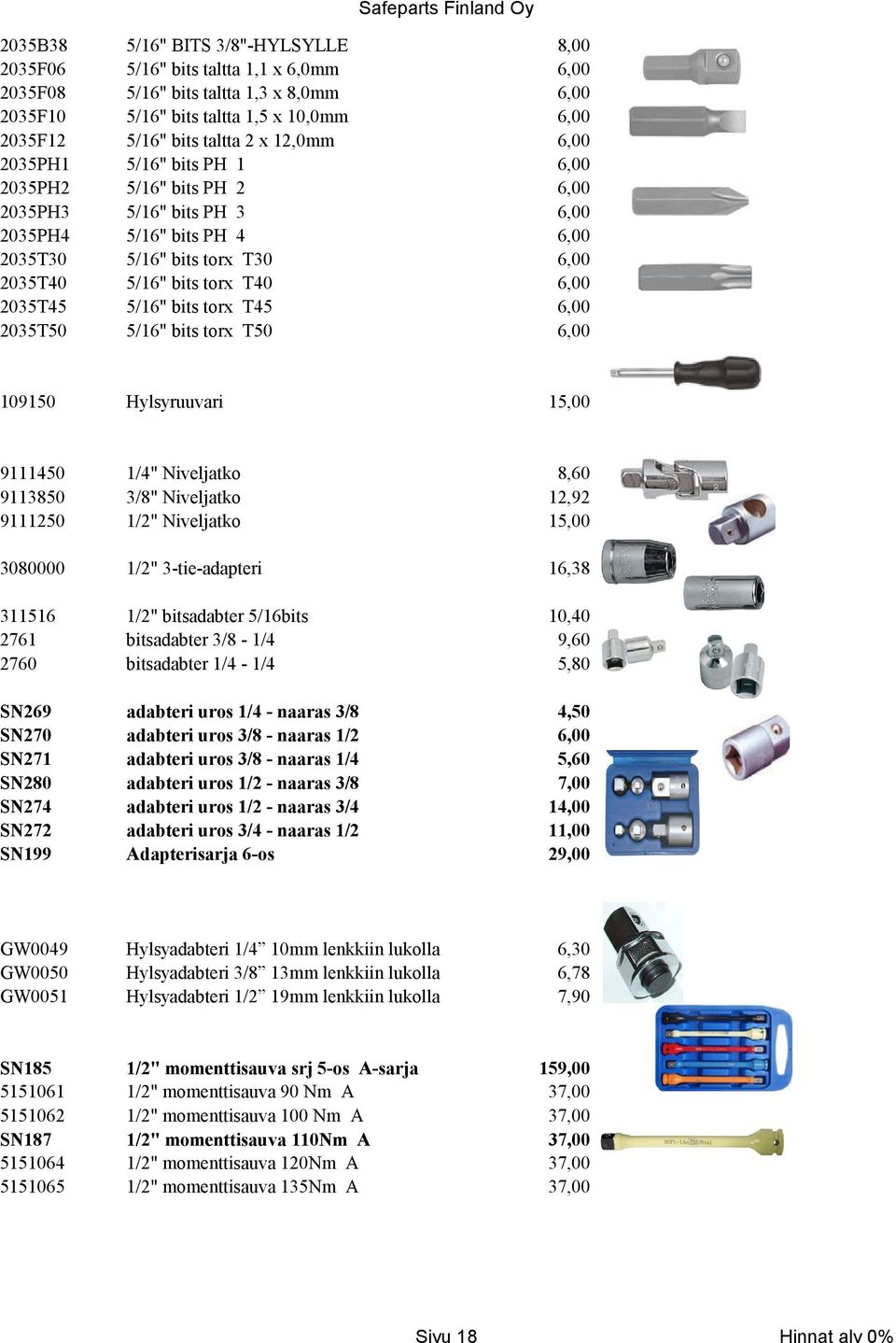 Hylsyruuvari 15,00 9111450 9113850 9111250 1/4" Niveljatko 3/8" Niveljatko 1/2" Niveljatko 8,60 12,92 15,00 3080000 1/2" 3-tie-adapteri 16,38 311516 2761 2760 1/2" bitsadabter 5/16bits bitsadabter