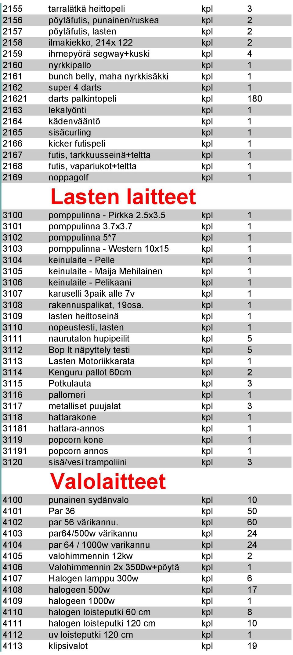 futis, tarkkuusseinä+teltta kpl 1 2168 futis, vapariukot+teltta kpl 1 2169 noppagolf kpl 1 Lasten laitteet 3100 pomppulinna - Pirkka 2.5x3.5 kpl 1 3101 pomppulinna 3.7x3.