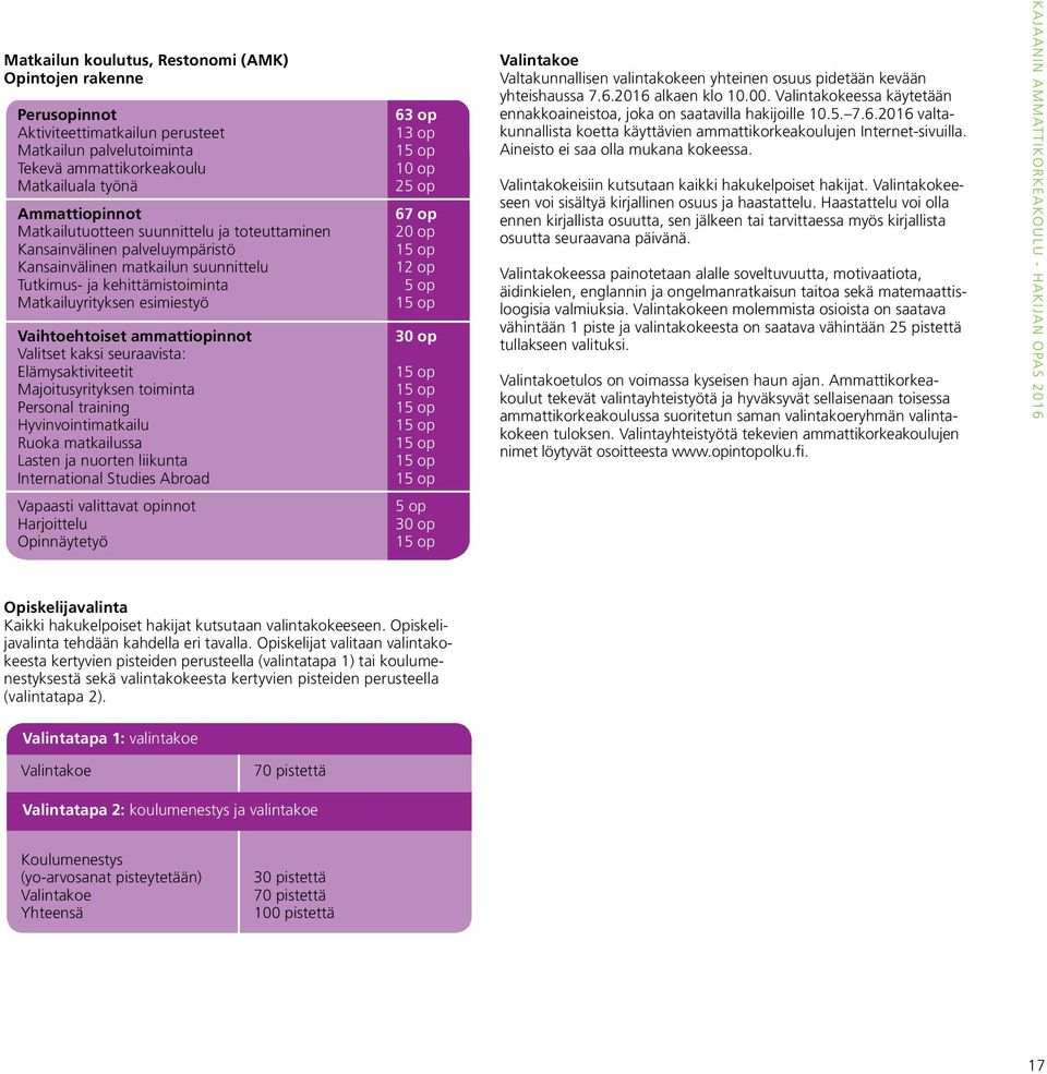 ammattiopinnot Valitset kaksi seuraavista: Elämysaktiviteetit Majoitusyrityksen toiminta Personal training Hyvinvointimatkailu Ruoka matkailussa Lasten ja nuorten liikunta International Studies