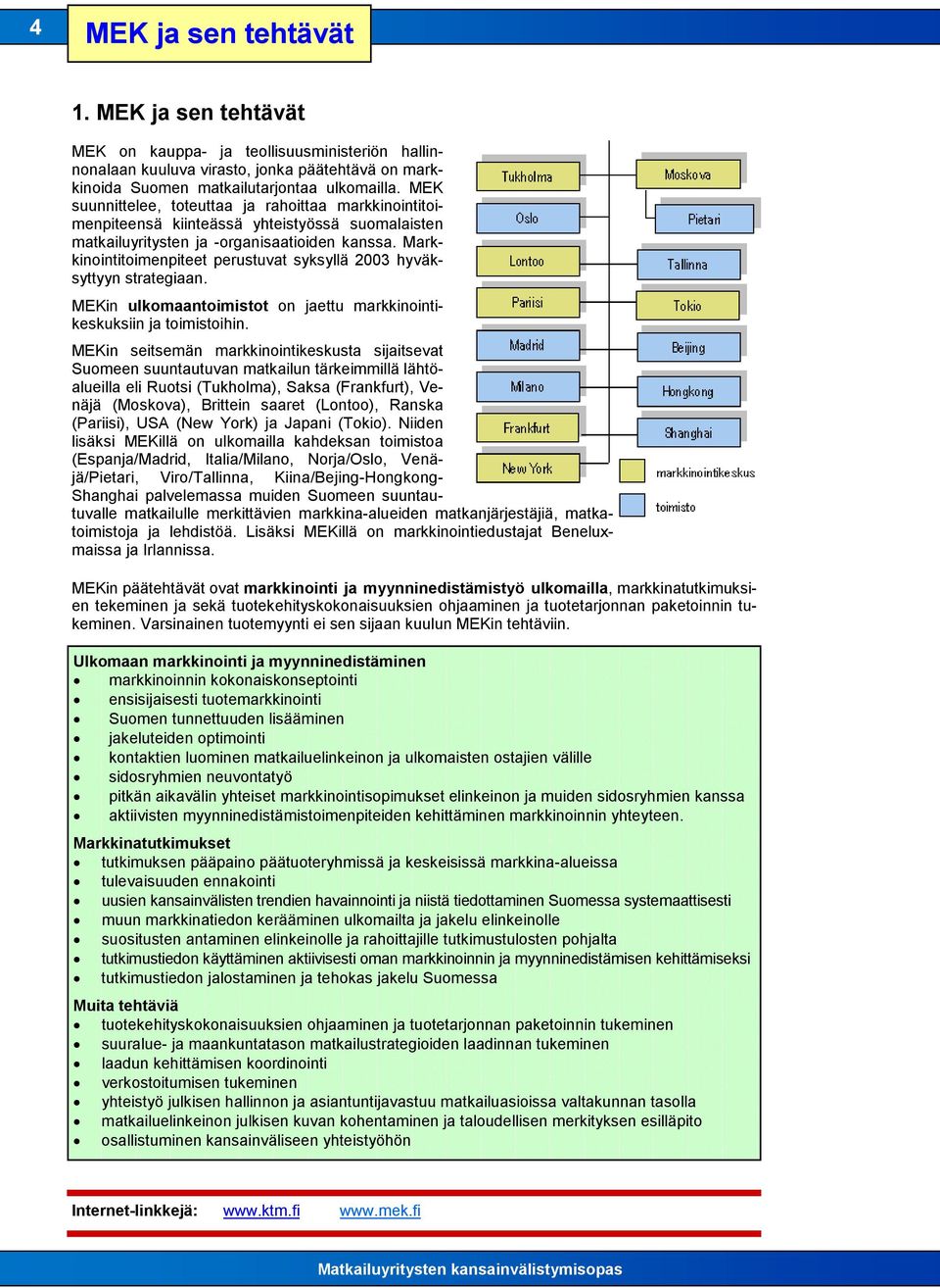 Markkinointitoimenpiteet perustuvat syksyllä 2003 hyväksyttyyn strategiaan. MEKin ulkomaantoimistot on jaettu markkinointikeskuksiin ja toimistoihin.