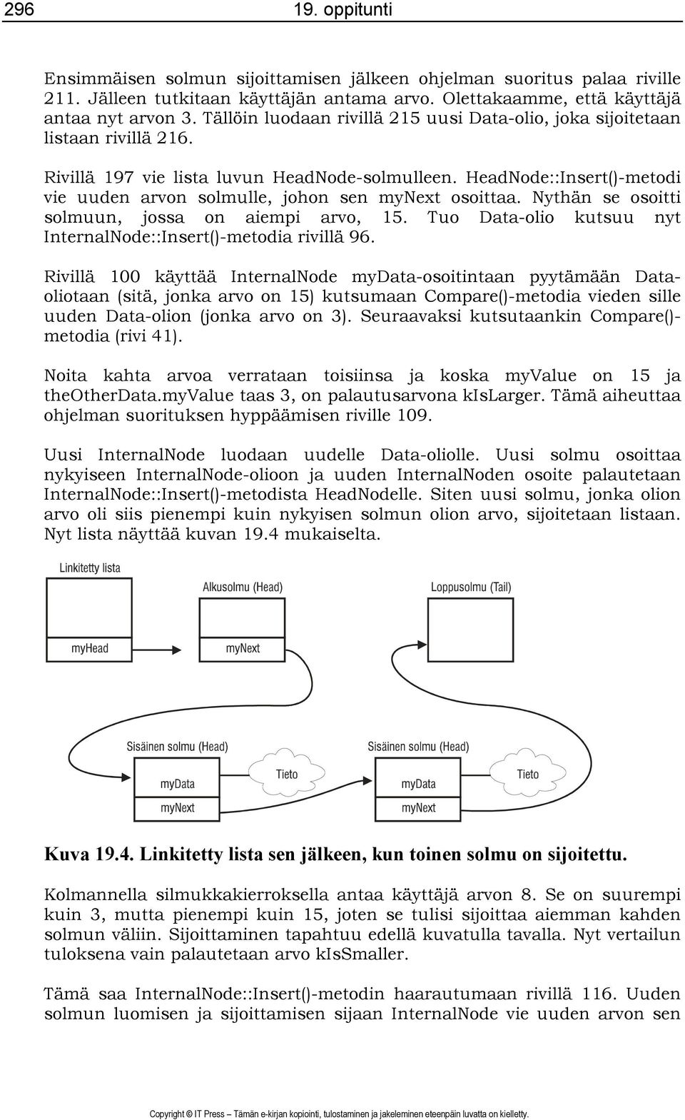 HeadNode::Insert()-metodi vie uuden arvon solmulle, johon sen mynext osoittaa. Nythän se osoitti solmuun, jossa on aiempi arvo, 15. Tuo Data-olio kutsuu nyt InternalNode::Insert()-metodia rivillä 96.