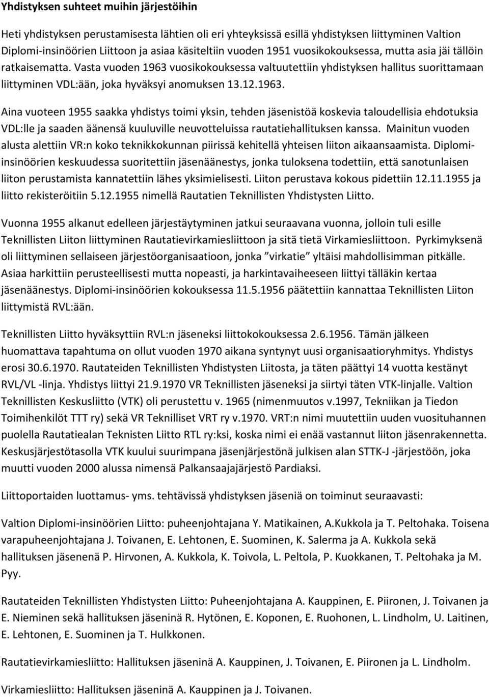 vuosikokouksessa valtuutettiin yhdistyksen hallitus suorittamaan liittyminen VDL:ään, joka hyväksyi anomuksen 13.12.1963.