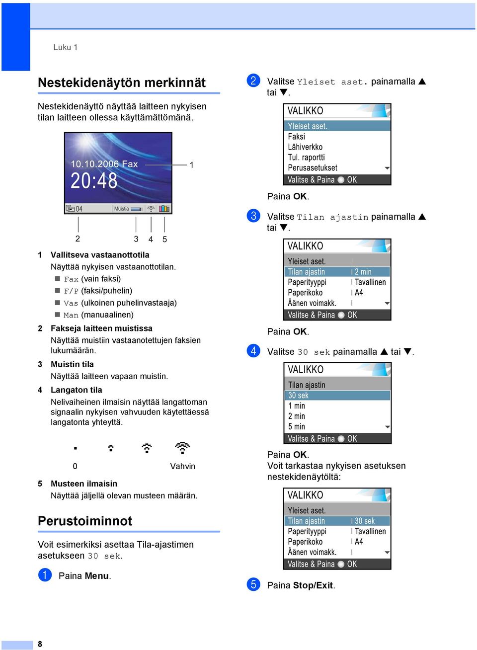 Fax (vain faksi) F/P (faksi/puhelin) Vas (ulkoinen puhelinvastaaja) Man (manuaalinen) 2 Fakseja laitteen muistissa Näyttää muistiin vastaanotettujen faksien lukumäärän.