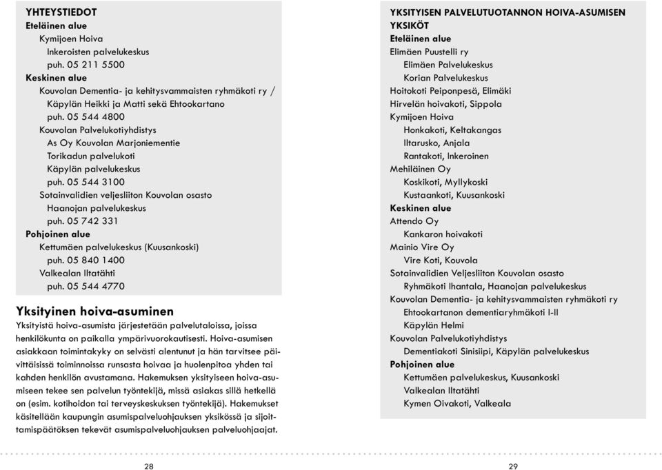 05 544 4800 Kouvolan Palvelukotiyhdistys As Oy Kouvolan Marjoniementie Torikadun palvelukoti Käpylän palvelukeskus puh.