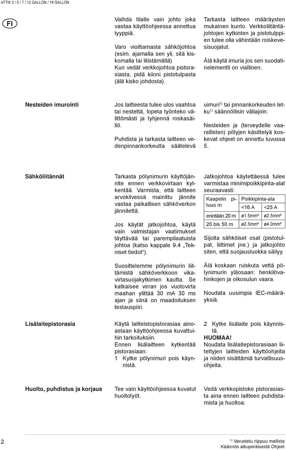 Verkkoliitäntäjohtojen kytkinten ja pistotulppien tulee olla vähintään roiskevesisuojatut. Älä käytä imuria jos sen suodatinelementti on viallinen.