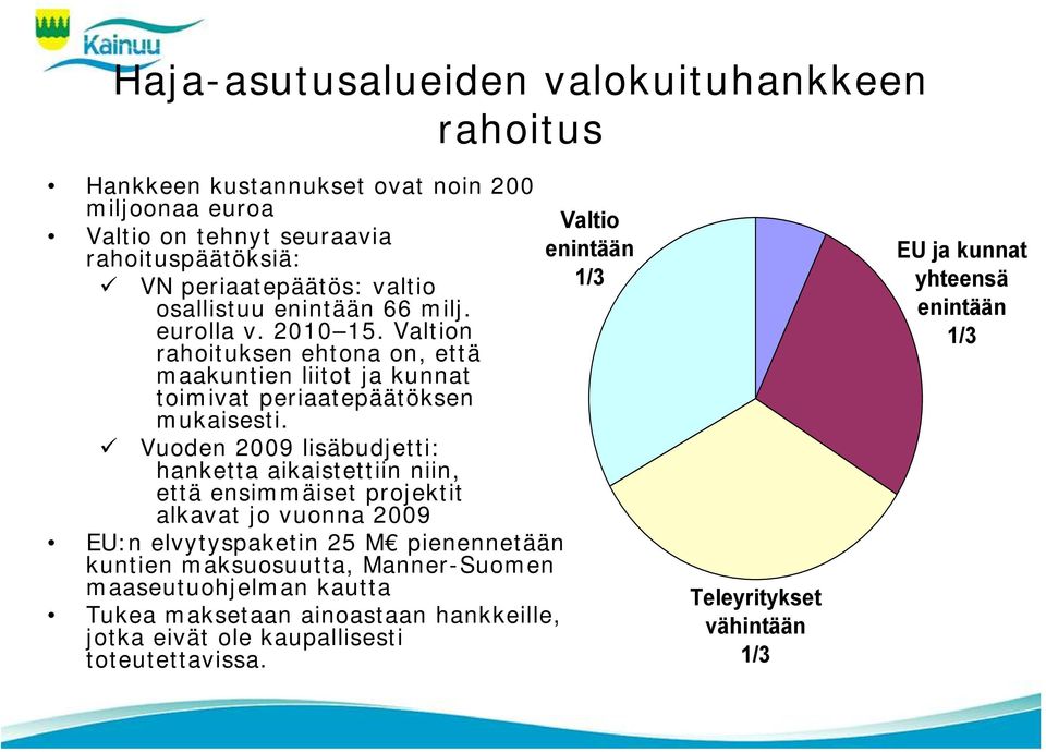 Vuoden 2009 lisäbudjetti: hanketta aikaistettiin niin, että ensimmäiset projektit alkavat jo vuonna 2009 EU:n elvytyspaketin 25 M pienennetään kuntien maksuosuutta,