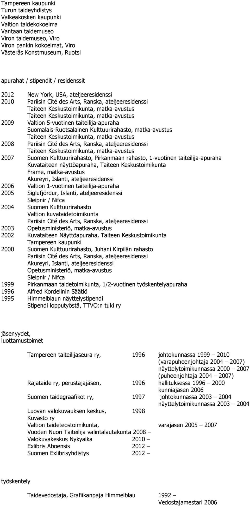 Kulttuurirahasto, matka-avustus 2008 Pariisin Cité des Arts, Ranska, ateljeeresidenssi 2007 Suomen Kulttuurirahasto, Pirkanmaan rahasto, 1-vuotinen taiteilija-apuraha Kuvataiteen näyttöapuraha,