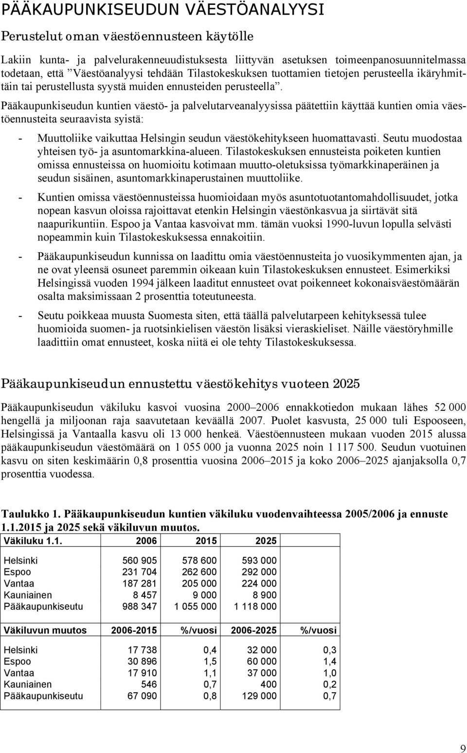 Pääkaupunkiseudun kuntien väestö- ja palvelutarveanalyysissa päätettiin käyttää kuntien omia väestöennusteita seuraavista syistä: - Muuttoliike vaikuttaa Helsingin seudun väestökehitykseen