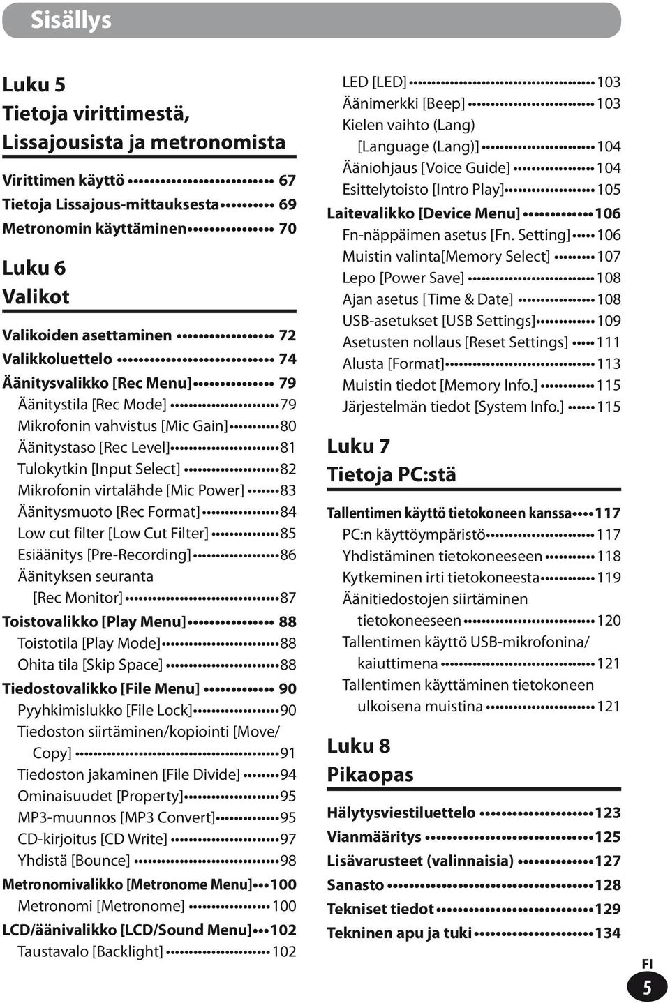 8 Äänitysmuoto [Rec Format] 84 Low cut filter [Low Cut Filter] 85 Esiäänitys [Pre-Recording] 86 Äänityksen seuranta [Rec Monitor] 87 Toistovalikko [Play Menu] 88 Toistotila [Play Mode] 88 Ohita tila