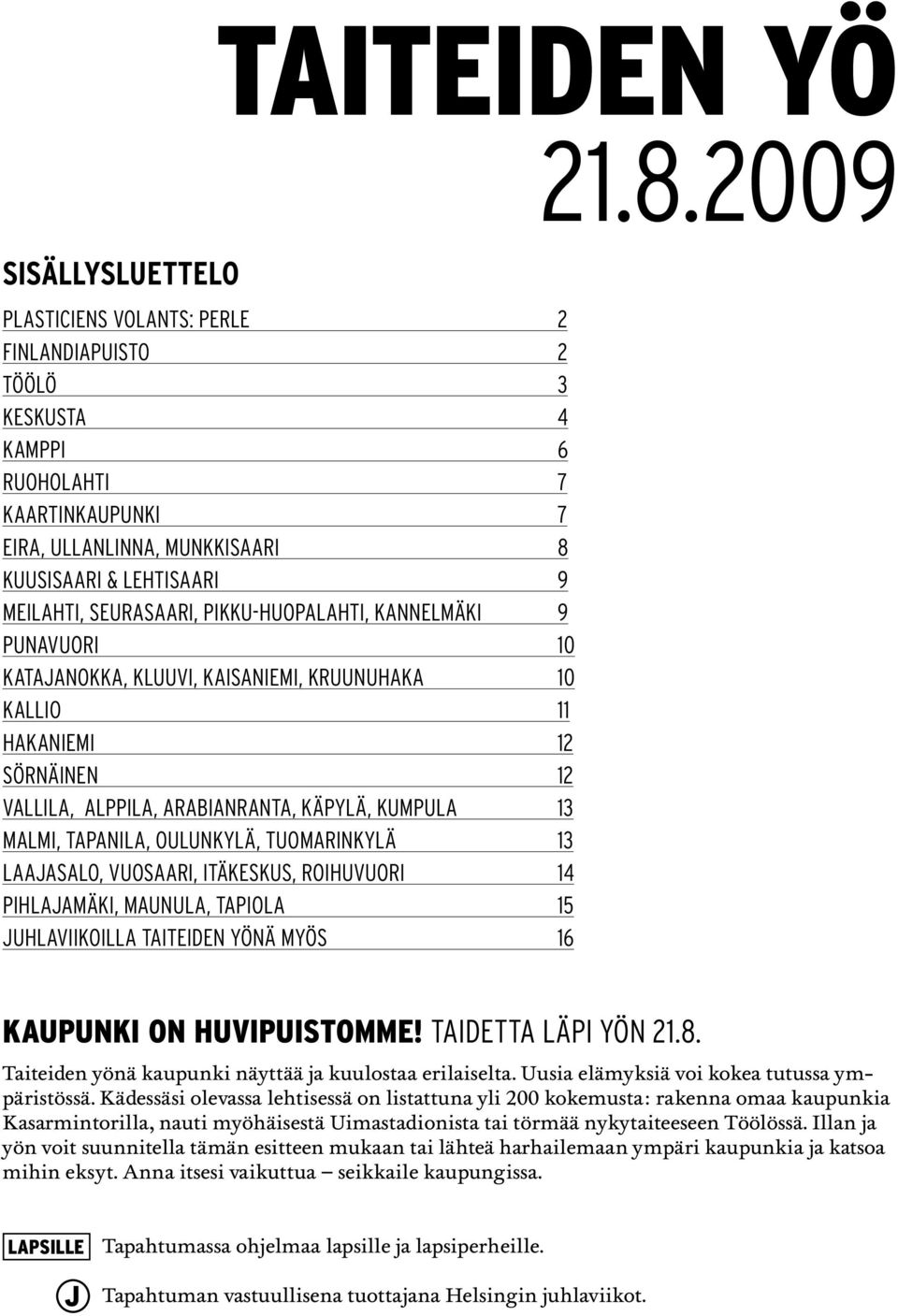 PIKKU-HUOPALAHTI, KANNELMÄKI 9 PUNAVUORI 10 KATAANOKKA, KLUUVI, KAISANIEMI, KRUUNUHAKA 10 KALLIO 11 HAKANIEMI 12 SÖRNÄINEN 12 VALLILA, ALPPILA, ARABIANRANTA, KÄPYLÄ, KUMPULA 13 MALMI, TAPANILA,