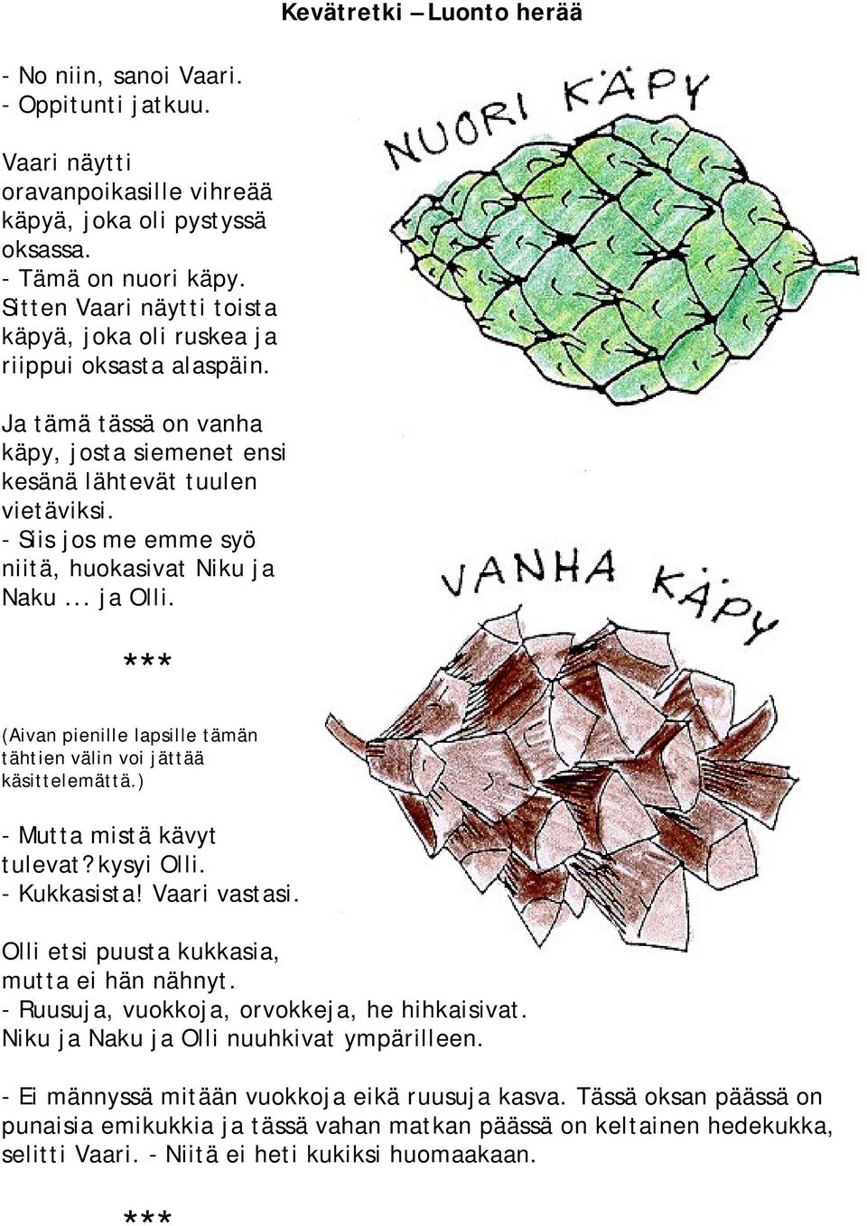 - Siis jos me emme syö niitä, huokasivat Niku ja Naku... ja Olli. *** (Aivan pienille lapsille tämän tähtien välin voi jättää käsittelemättä.) - Mutta mistä kävyt tulevat? kysyi Olli. - Kukkasista!