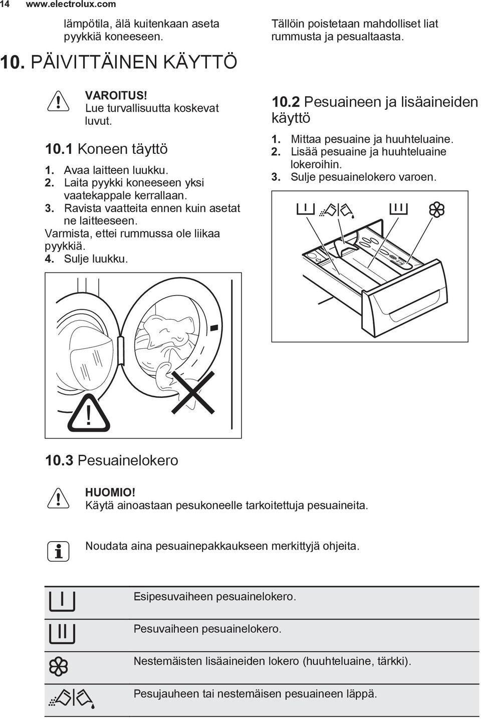 Tällöin poistetaan mahdolliset liat rummusta ja pesualtaasta. 10.2 Pesuaineen ja lisäaineiden käyttö 1. Mittaa pesuaine ja huuhteluaine. 2. Lisää pesuaine ja huuhteluaine lokeroihin. 3.