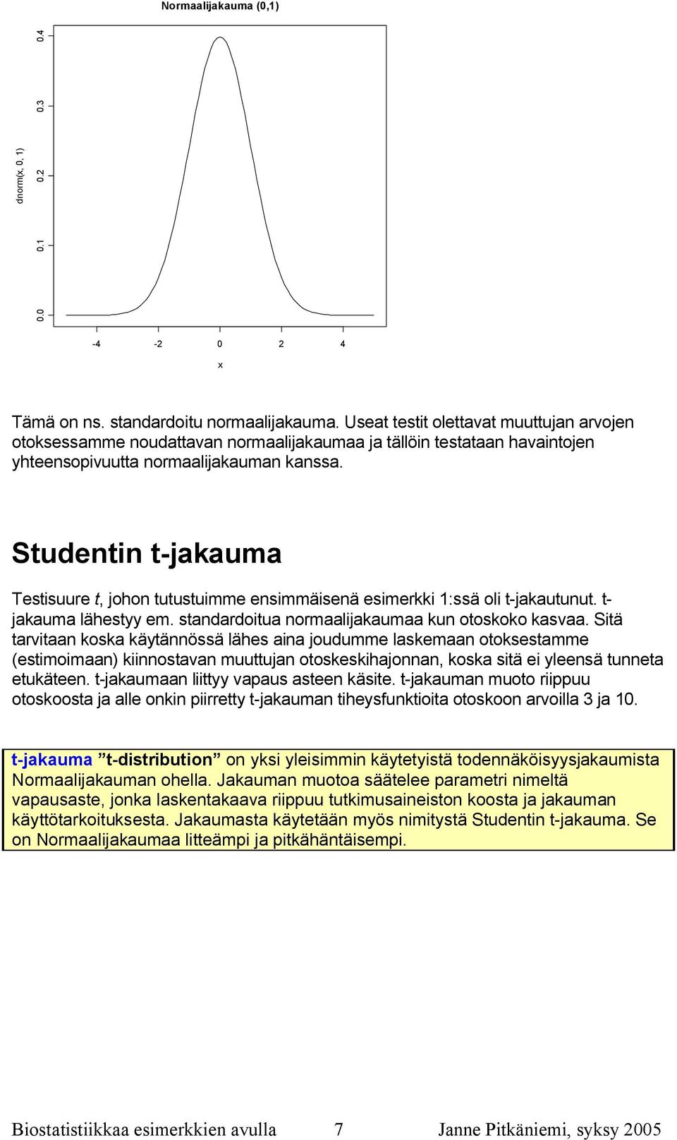 Studentin t jakauma Testisuure t, johon tutustuimme ensimmäisenä esimerkki 1:ssä oli t jakautunut. t jakauma lähestyy em. standardoitua normaalijakaumaa kun otoskoko kasvaa.