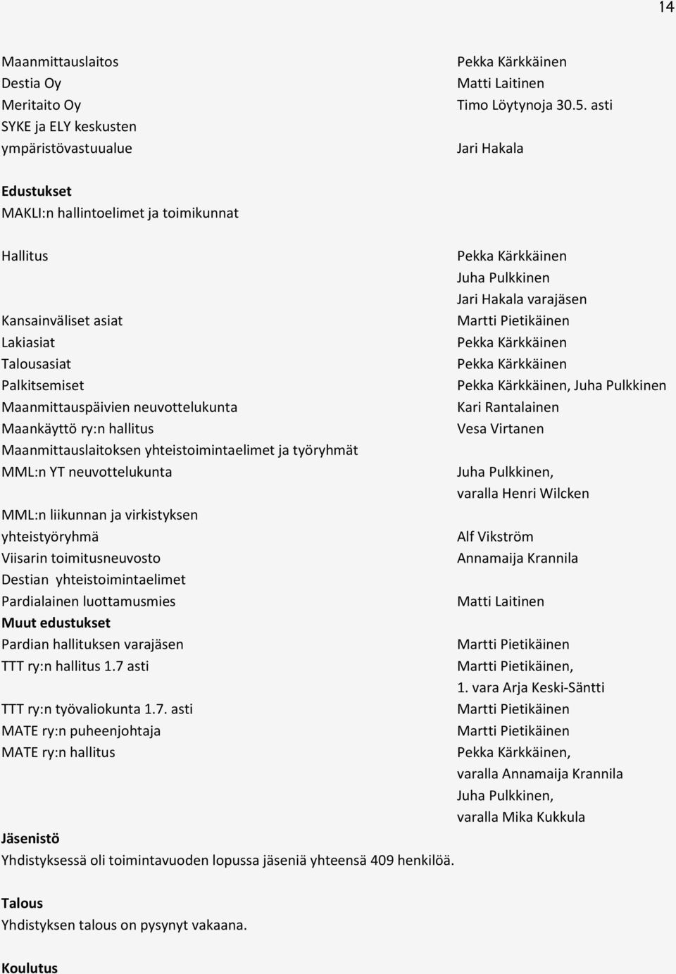 Maanmittauslaitoksen yhteistoimintaelimet ja työryhmät MML:n YT neuvottelukunta MML:n liikunnan ja virkistyksen yhteistyöryhmä Viisarin toimitusneuvosto Destian yhteistoimintaelimet Pardialainen