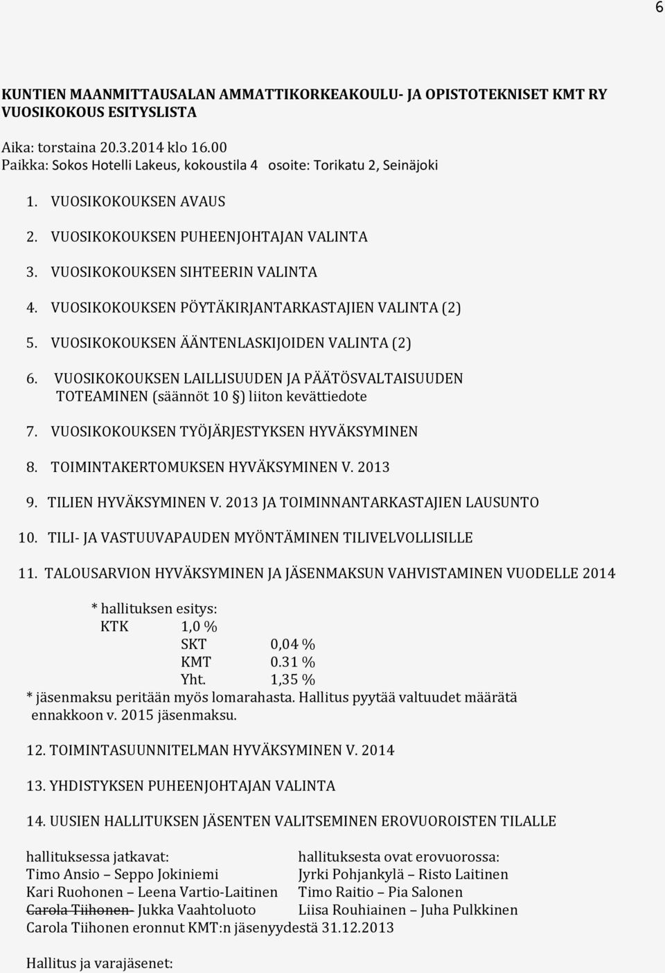 VUOSIKOKOUKSEN PÖYTÄKIRJANTARKASTAJIEN VALINTA (2) 5. VUOSIKOKOUKSEN ÄÄNTENLASKIJOIDEN VALINTA (2) 6. VUOSIKOKOUKSEN LAILLISUUDEN JA PÄÄTÖSVALTAISUUDEN TOTEAMINEN (säännöt 10 ) liiton kevättiedote 7.