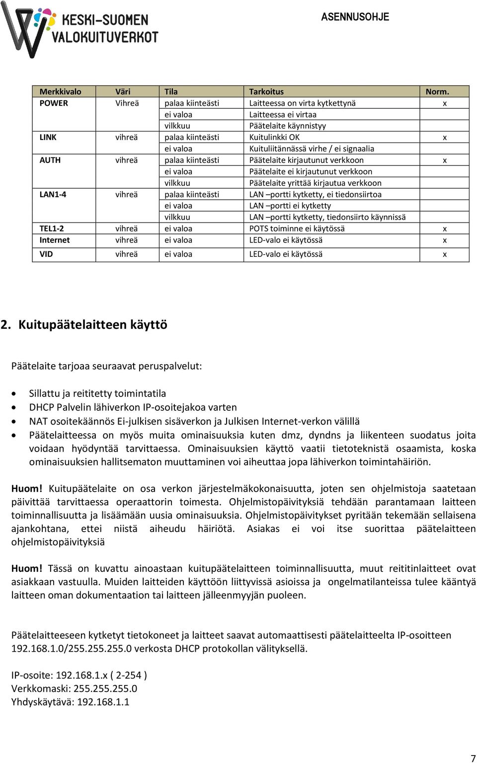 virhe / ei signaalia AUTH vihreä palaa kiinteästi Päätelaite kirjautunut verkkoon x ei valoa Päätelaite ei kirjautunut verkkoon vilkkuu Päätelaite yrittää kirjautua verkkoon LAN1-4 vihreä palaa