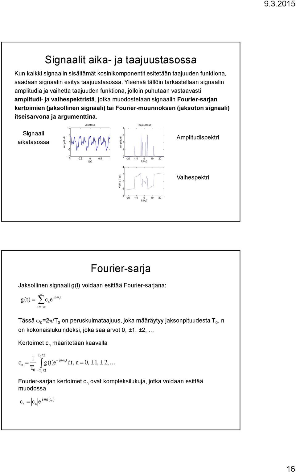 (jaksollinen signaali) tai Fourier-muunnoksen (jaksoton signaali) itseisarvona ja argumenttina.