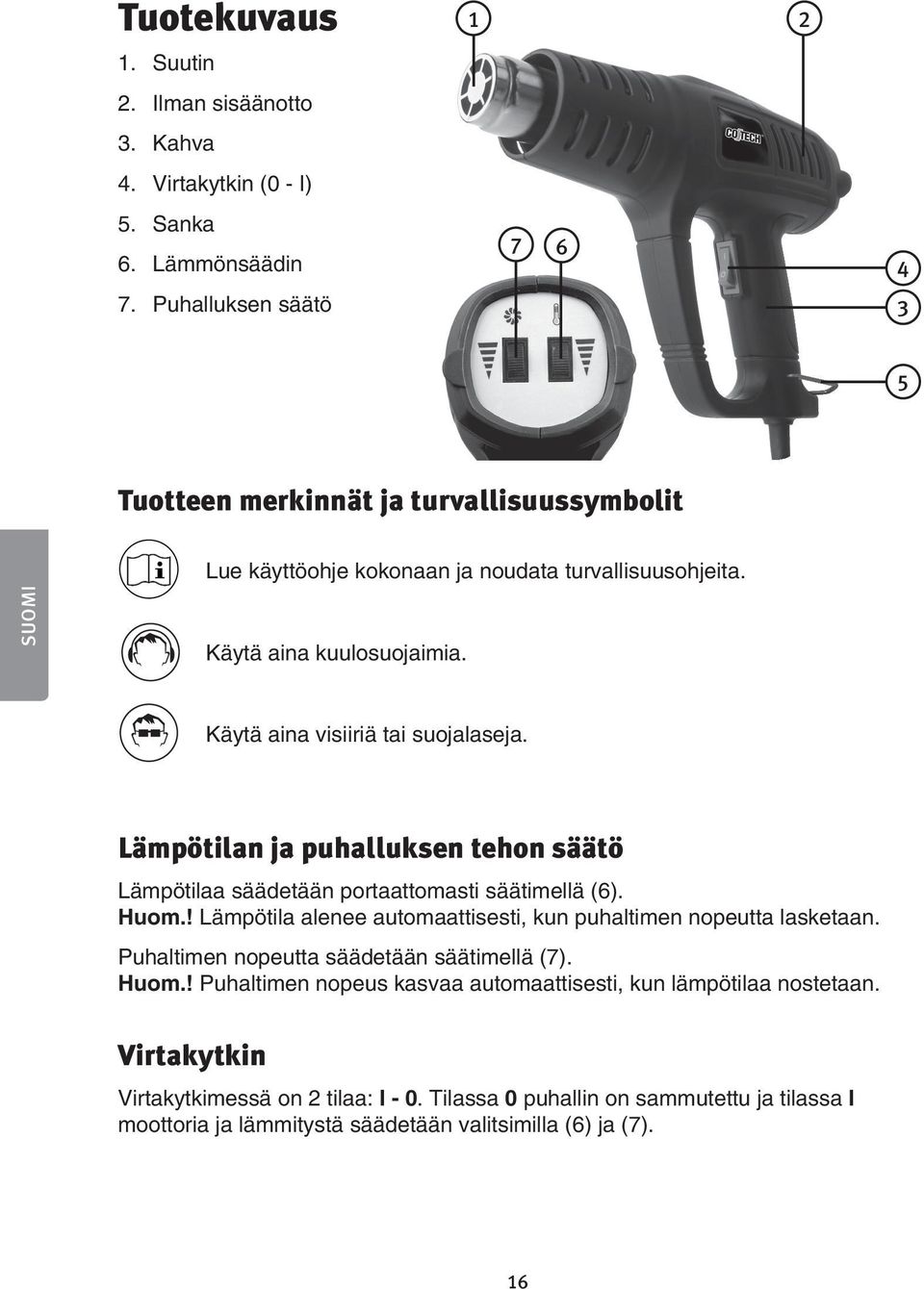 Käytä aina visiiriä tai suojalaseja. Lämpötilan ja puhalluksen tehon säätö Lämpötilaa säädetään portaattomasti säätimellä (6). Huom.