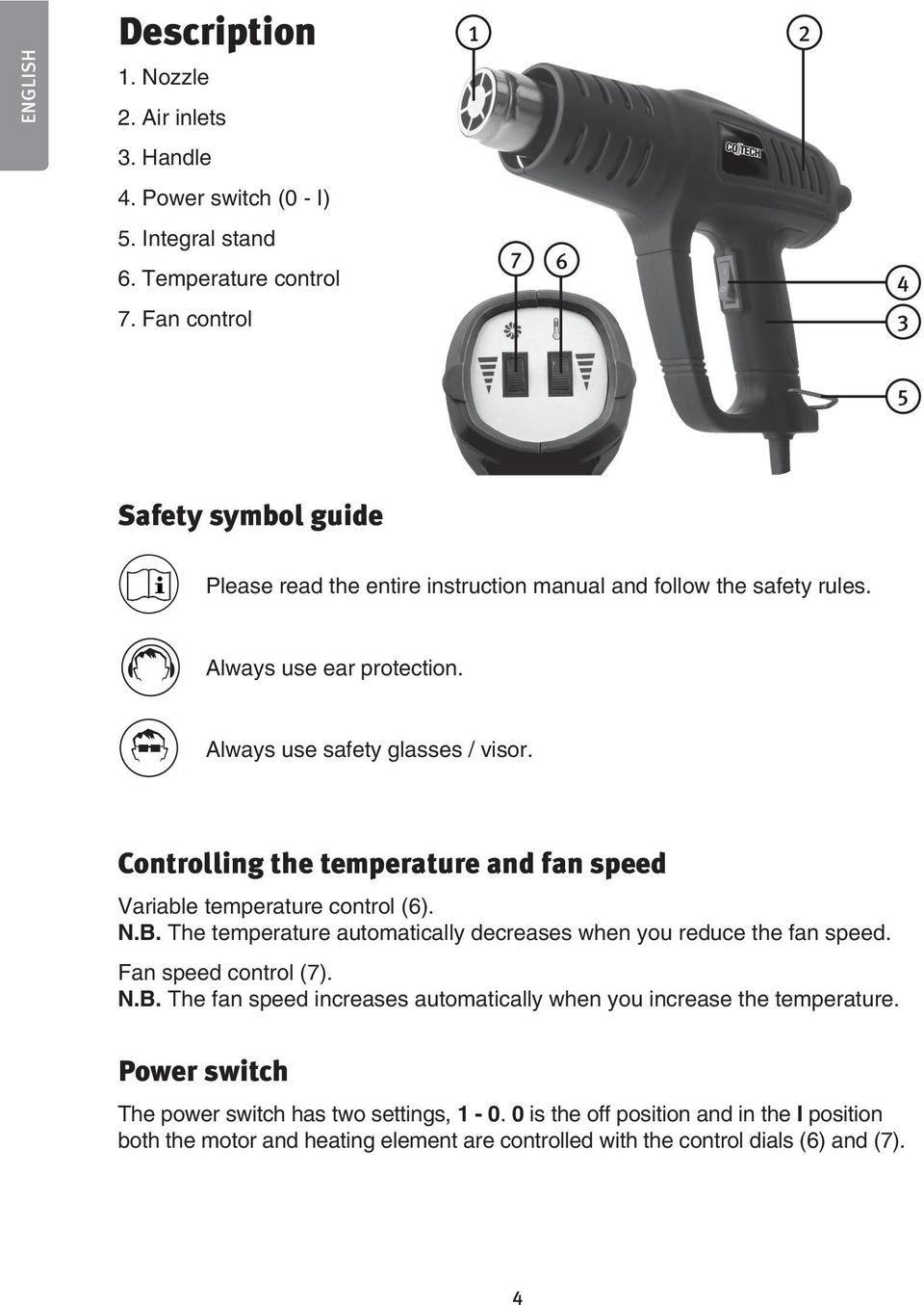 Controlling the temperature and fan speed Variable temperature control (6). N.B. The temperature automatically decreases when you reduce the fan speed. Fan speed control (7). N.B. The fan speed increases automatically when you increase the temperature.