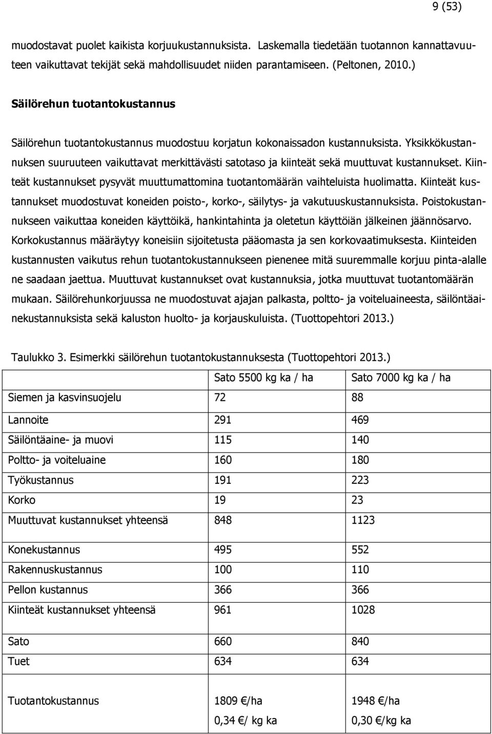 Yksikkökustannuksen suuruuteen vaikuttavat merkittävästi satotaso ja kiinteät sekä muuttuvat kustannukset. Kiinteät kustannukset pysyvät muuttumattomina tuotantomäärän vaihteluista huolimatta.