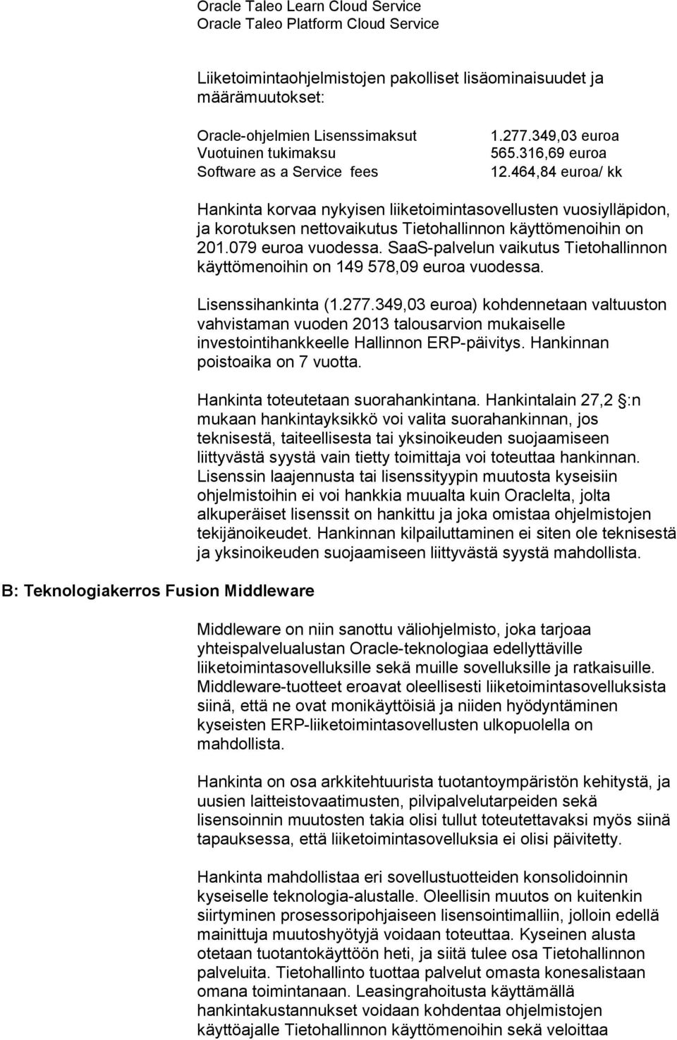 464,84 euroa/ kk B: Teknologiakerros Fusion Middleware Hankinta korvaa nykyisen liiketoimintasovellusten vuosiylläpidon, ja korotuksen nettovaikutus Tietohallinnon käyttömenoihin on 201.