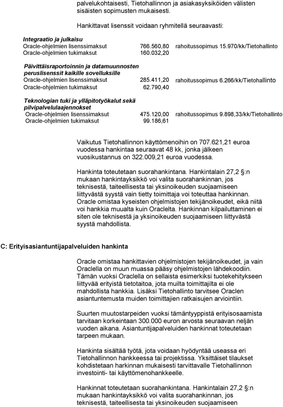 032,20 Päivittäisraportoinnin ja datamuunnosten peruslisenssit kaikille sovelluksille Oracle-ohjelmien lisenssimaksut 285.411,20 rahoitussopimus 6.266/kk/Tietohallinto Oracle-ohjelmien tukimaksut 62.