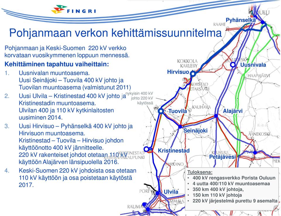 Ulvilan 400 ja 110 kv kytkinlaitosten uusiminen 2014. 3. Uusi Hirvisuo Pyhänselkä 400 kv johto ja Hirvisuon muuntoasema. Kristinestad Tuovila Hirvisuo johdon käyttöönotto 400 kv jännitteelle.