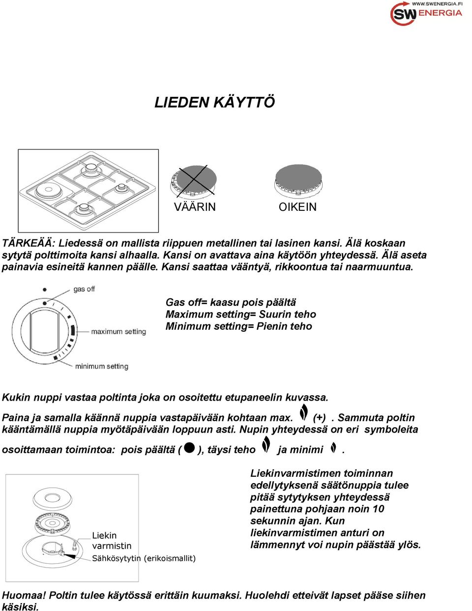 Gas off= kaasu pois päältä Maximum setting= Suurin teho Minimum setting= Pienin teho Kukin nuppi vastaa poltinta joka on osoitettu etupaneelin kuvassa.
