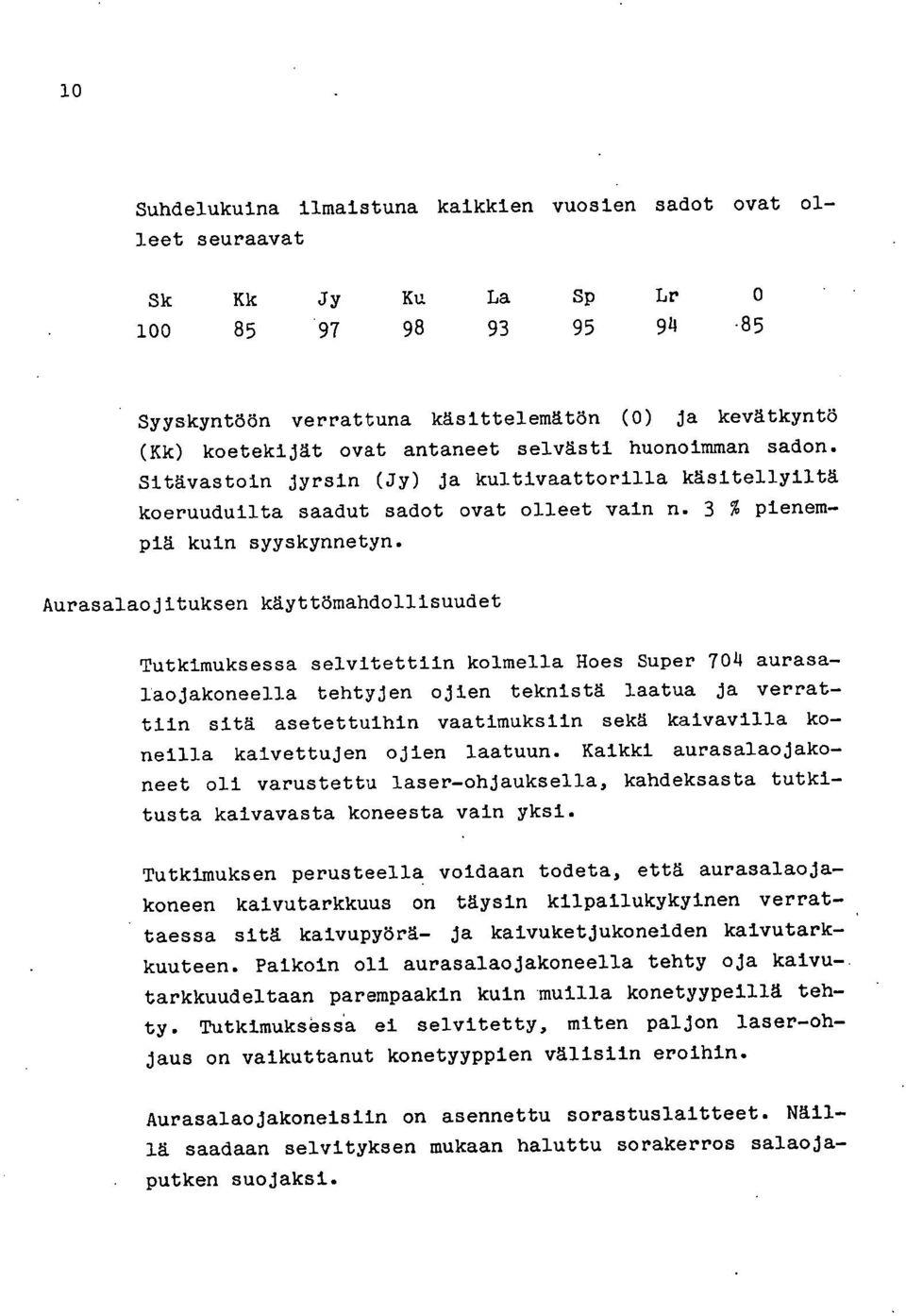 Aurasalaojituksen käyttömahdollisuudet Tutkimuksessa selvitettiin kolmella Hoes Super 704 aurasalaojakoneella tehtyjen ojien teknistä laatua ja verrattiin sitä asetettuihin vaatimuksiin sekä