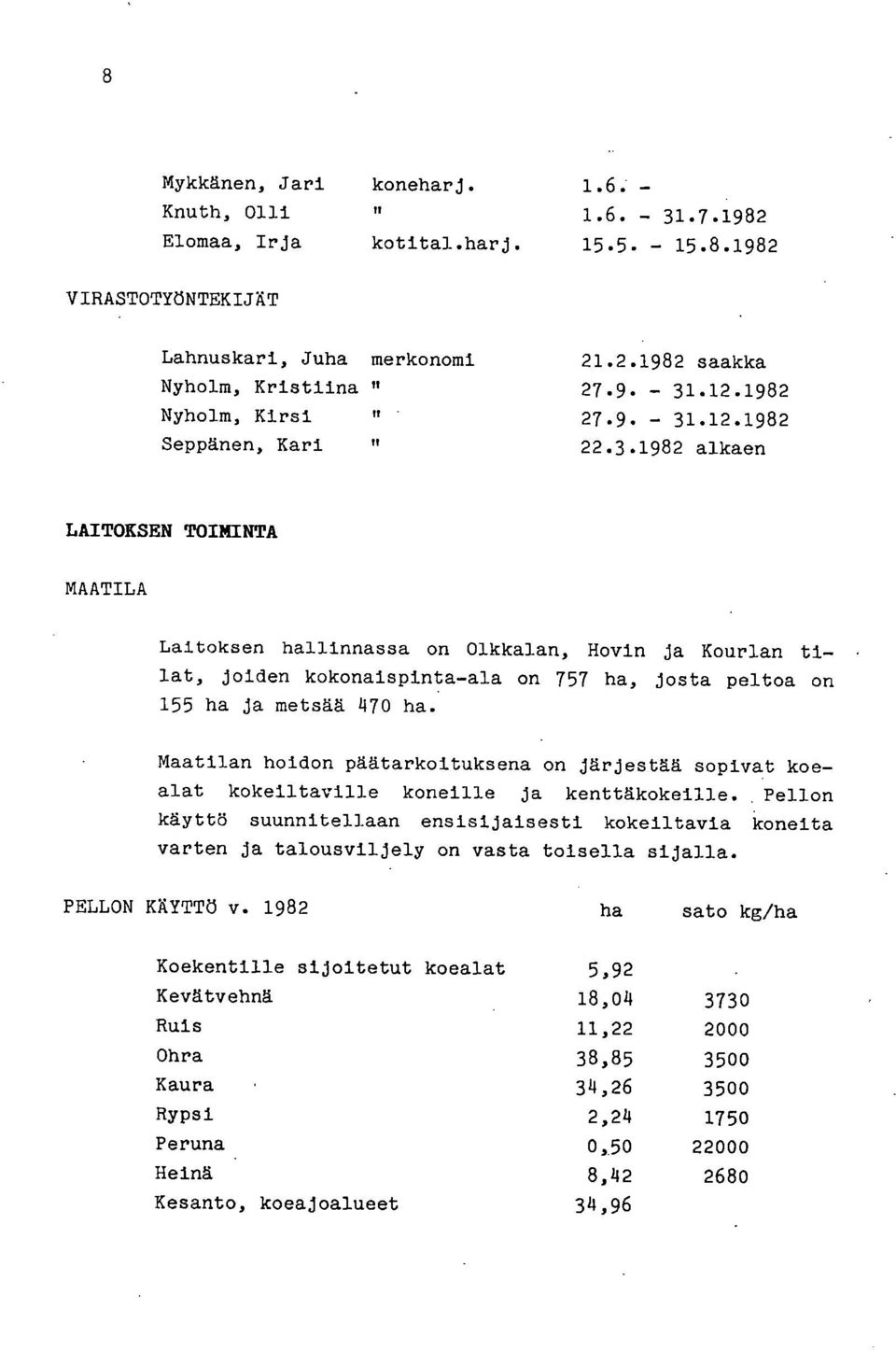 Maatilan hoidon päätarkoituksena on järjestää sopivat koealat kokeiltaville koneille ja kenttäkokeille.