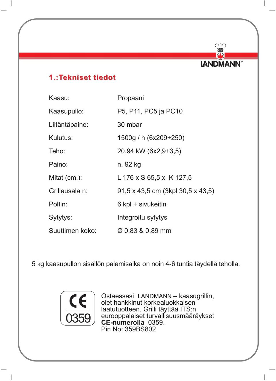 ): L 176 x S 65,5 x K 127,5 Grillausala n: 91,5 x 43,5 cm (3kpl 30,5 x 43,5) Poltin: Sytytys: Suuttimen koko: 6 kpl + sivukeitin Integroitu sytytys